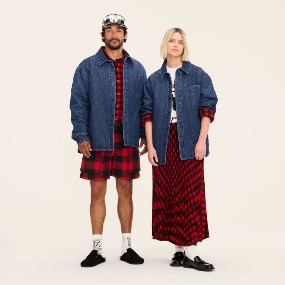 Denim Shirt Jacket with Red Plaid Lining